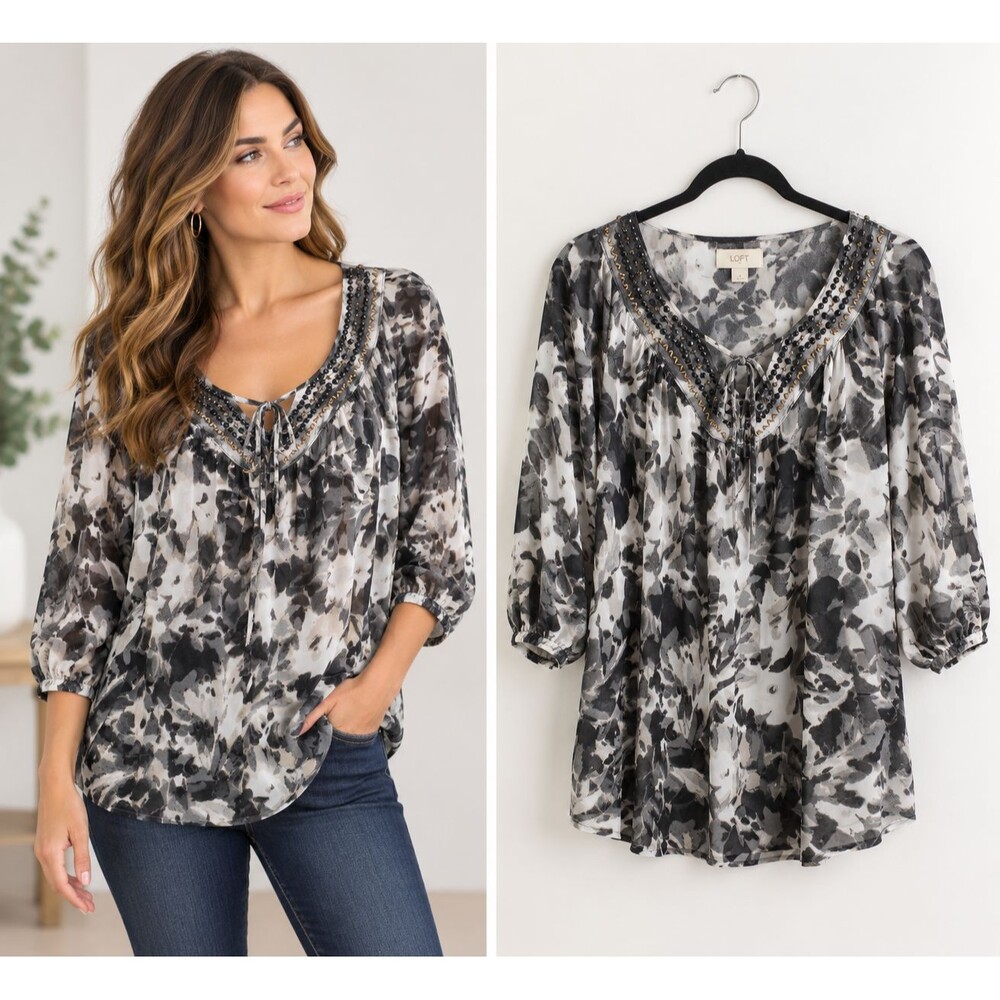 LOFT Embellished Beaded Neck Blouse Size Small 3/4 Sleeve Sheer Gray Floral